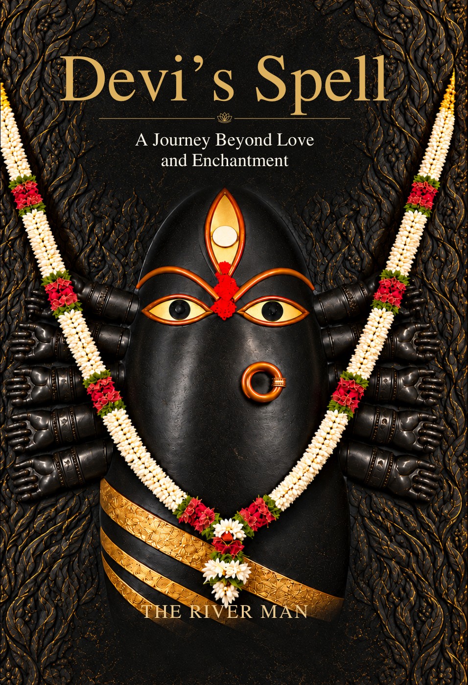 English cover of Devi’s Spell by The River Man, with a black and gold statue adorned with flower garlands.
